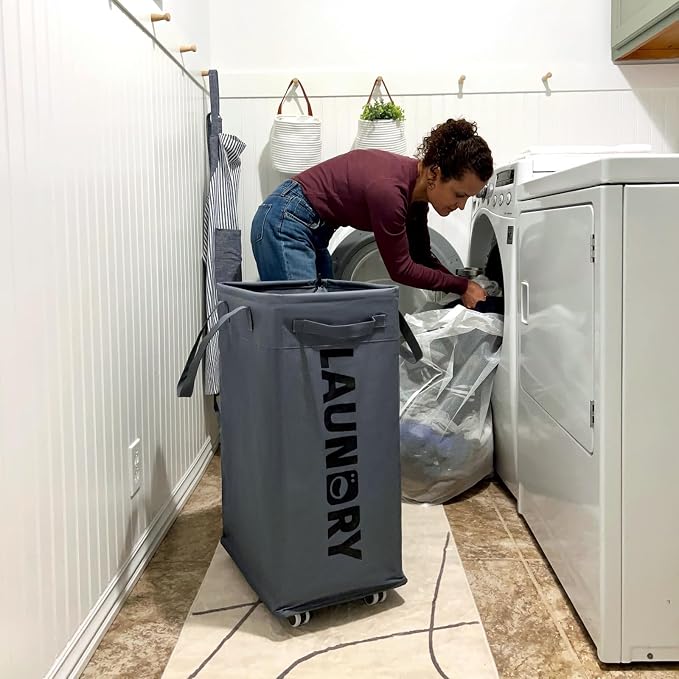CHICVITA 75L Rolling Laundry Basket with Wheels 2-Pack, Wash Bags, Grey | Foldable slim-design laundry baskets for corner dorms. Large capacity with removable wash bags