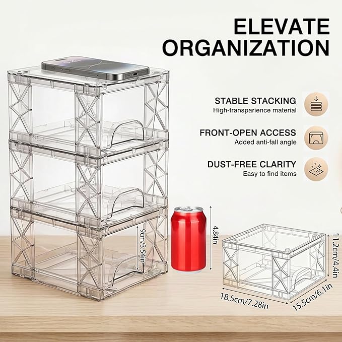 Stackable Storage Drawers 6 Pack 4.4in Clear Medicine Bins Organizer