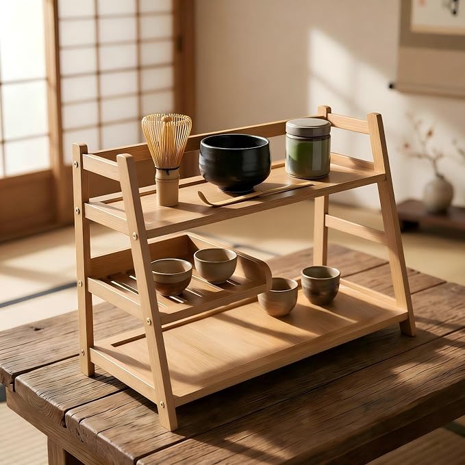 3 Tier Bamboo Matcha Station, coffee station organizer Shelf | for Kitchen Countertop, Tea Bar - Matcha Powder, Tools & Cup Organizer for Matcha Lovers, Home Baristas.