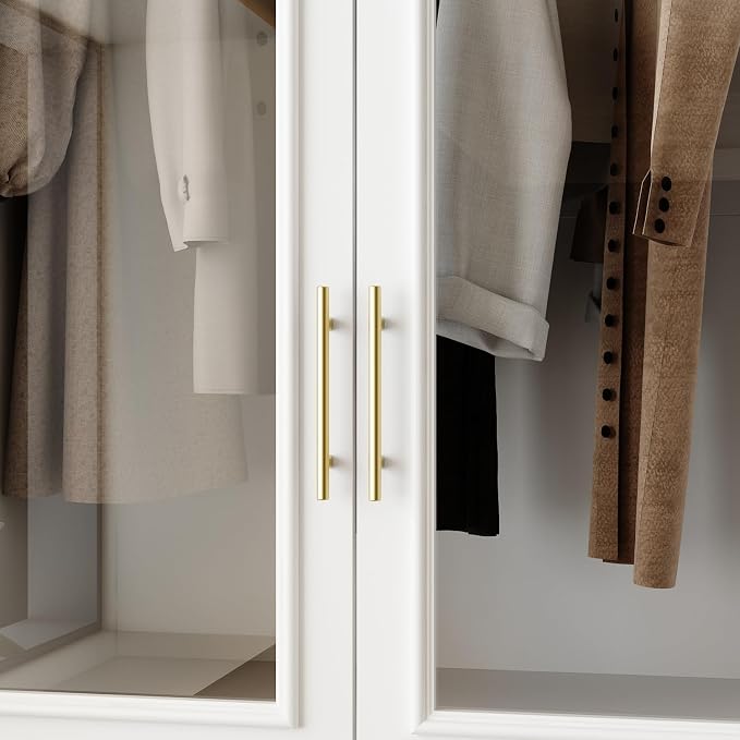 FUFU&GAGA Wardrobe Closet with Glass Doors, Modern White Bedroom Armoire with Gold Handles, Modern Clothes Storage Cabinet with 3 Drawers, Hanging Rod, 31.7”W x 19.3”D x 74.8”H
