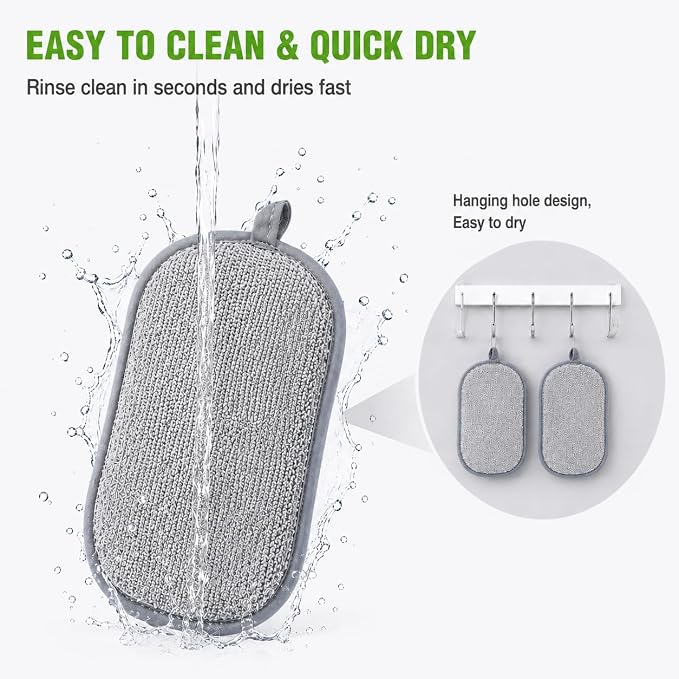 6-Pack PuoWeo Sponges Kitchen Dual-Sided Scrub Sponges—Rough Side for Non-Stick Cookware, Soft Microfiber Side for Dishes Multi-Purpose Cleaning Dish Sponge, Long Lasting & Reusable, Grey