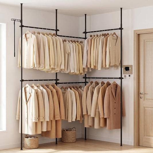 Giantex Floor to Ceiling Clothes Rack, Heavy Duty Garment Rack Adjustable | Tension Pole Closet System w/ Folding Drying Rack, Reacher Pole, Metal Garment Organizer for Bedroom, Laundry Room, Closet