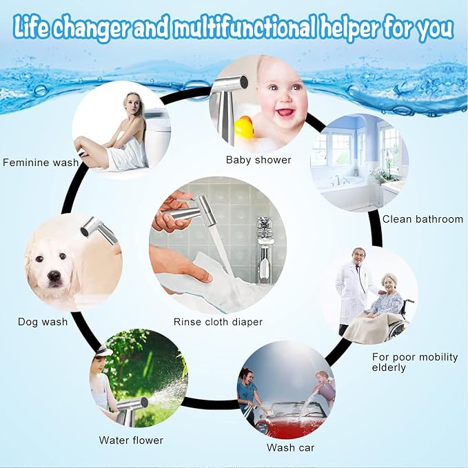 Handheld Bidet Sprayer Kit-Stainless Steel Douche Muslim Shower Spray with Hose Bidet Holder Valve for Toilet Cleaning, Pet Bath, Personal Hygiene (Includes T-Adapter)