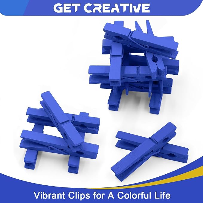 100 Pcs Blue Clothes pins - 2.9 Inch Wooden Clothespins Cheer Clips | Vibrant for Crafts Classroom Decorations Clothing Pictures Laundry Solid Wood No Splinters Fade‑Proof