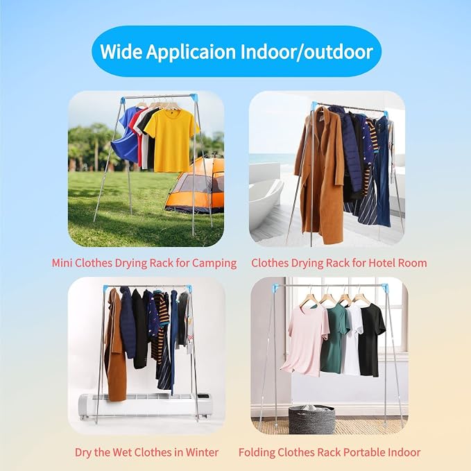Portable Travel Garment Rack, Stainless Steel Foldable Drying Clothes Rack | Mini Drying Racks for Travel, Camping, Hotel Room, Laundry, Dance, Indoor, Outdoor
