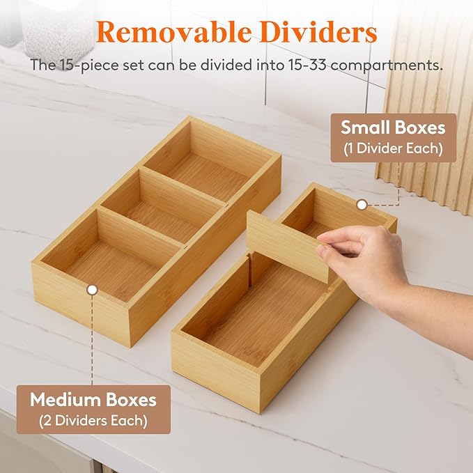 Lifewit Drawer Organizer 15 Pack(33 Grid) with 18 Inserts | Adjustable Bamboo Wooden Trays for Utensils, Silverware, Makeup, Kitchen, Bathroom, Office, Vanity Storage