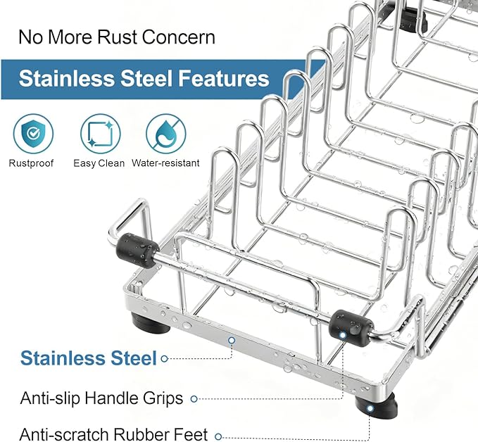 GSlife Small Dish Drying Rack for Counter - Expandable Drainer, Silver | Dual-Screw Locks, Expandable Fit Support with Cup Holders, Steel Drainer, Measured Sink Fit, Daily Kitchen Use and Cleanup