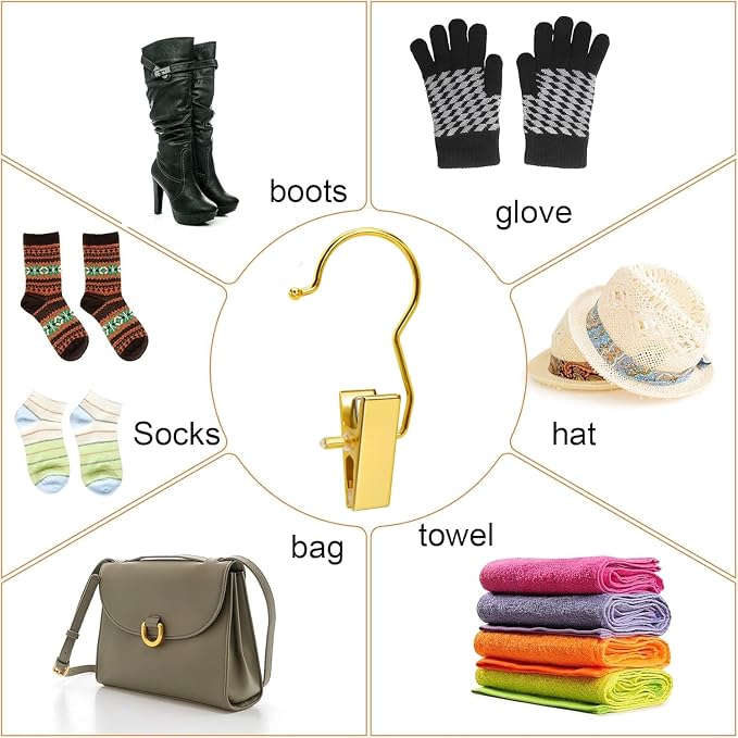 Amber Home 24 Pack Gold Boot Clips for Closet, Clothes Pins | Gold Boot Hangers with Hooks, Portable Travel Hangers for Closet Organization, Hat, Towels, Bras, Socks