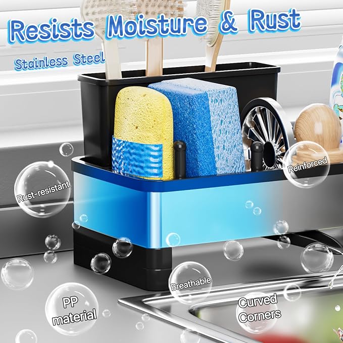 Sponge Holder for Kitchen Sink,Sink Caddy Organizer with Removable Brush Holder,Kitchen Countertop Soap Dispenser Storage with Detachable Towel Rack,Black