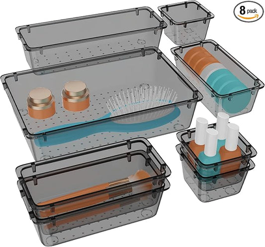WOWBOX 8 PCS Clear Plastic Drawer Organizer Set, 4 Sizes Desk Drawer Organization and Storage Containers for Makeup, Cosmetics, Jewelry and Gadgets in Kitchen, Bathroom, Bedroom, Office, Clear Black