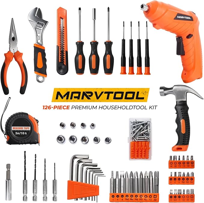 140 Piece Tool Set, Portable Tool Box with Cordless Drill, Home Repair Hand Tool Kit, General Household Drill Set for Homeowner, DIY, Handyman, Women