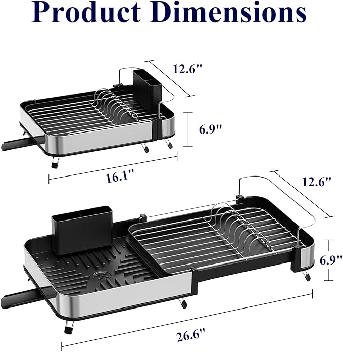 Kitsure Expandable Metal Dish Drying Rack, 16.1-26.6" L x 12.6" W, Black | Dish Racks for Kitchen Counter, Auto-Drain Drying Rack for Kitchen, Cutlery Holder, Non-Slip Feet, Anti-fall Fence