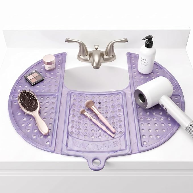 Sink Topper Bathroom Sink Cover for Counter Space, Standard Lavender | Holds up to 7 lb on a steel frame; fits over basins to 19 in; 480°F silicone, hot tools; foldable makeup mat; RV, camper