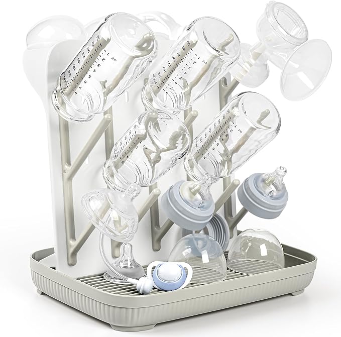 Termichy Baby Bottle Drying Rack：Large Vertical Space Saver for Countertop | With 15 Hooks - Quick-Dry Holder for Nipples, Teethers & Breast Pump Parts -Newborn Essentials Must-Haves Khaki