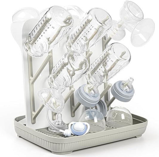 Termichy Baby Bottle Drying Rack：Large Vertical Space Saver for Countertop | With 15 Hooks - Quick-Dry Holder for Nipples, Teethers & Breast Pump Parts -Newborn Essentials Must-Haves Khaki