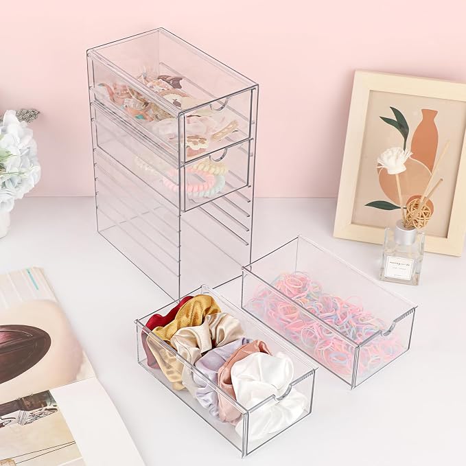 Hipiwe Plastic Drawer Organizer Clear Storage Box with 4 Pull Out Drawer | Hair Accessories Organizer Box Compact Desktop Holder for Cabinet Vanity Bathroom Pantry Office or Closet Organization