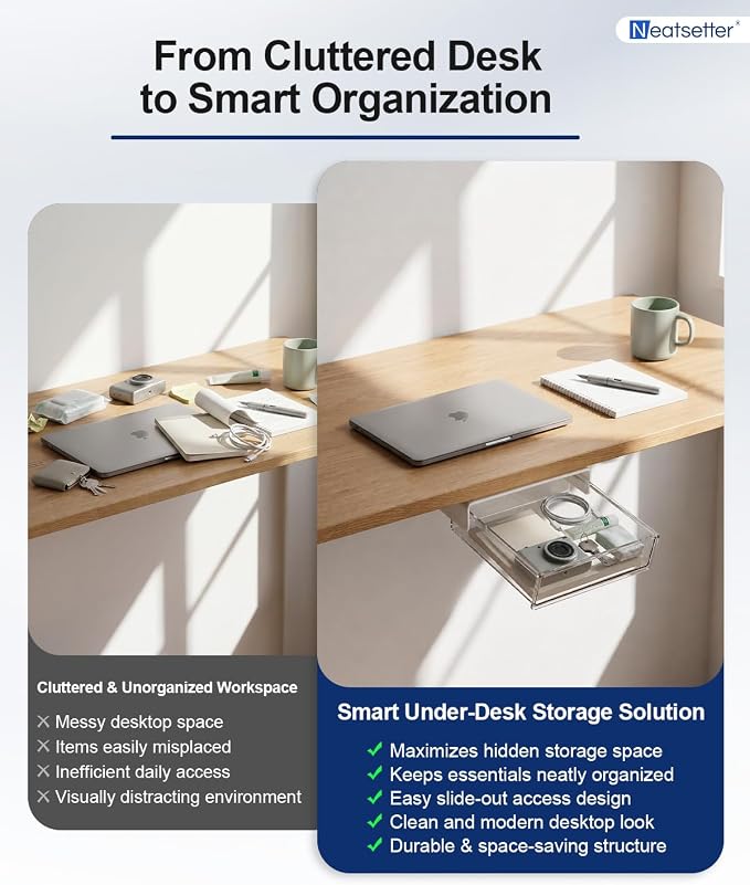 Clear Storage Drawer – 25° Tilted Front, Self-Adhesive Organizer for Bathroom, Kitchen & Office (Small)