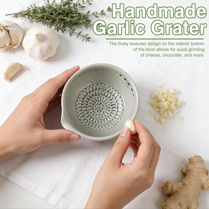Ceramic Grater Bowl with Herb Stripper, 3 in 1 Handmade Ginger Grater Bowl, Garlic Grater Plate, Multi-Functional Kitchen Tools and Gadgets, for Garlic, Chocolate, Herbs, Etc