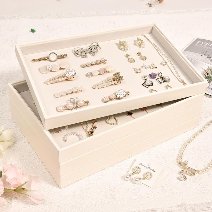 Beige Velvet Jewelry Trays for Drawers Black Jewelrys Display Tray Stackable Jewelry Organizer Trays for Necklace Bracelet Ring Watch (4 Pack)