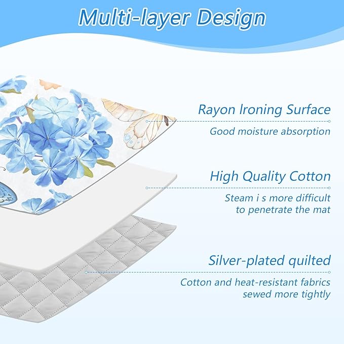 Blue Floral Butterfly Ironing Mat Portable Ironing Pad Blanket with Silicone Iron Rest for Table Top Travel Heat Resistant Double-Side Using Large 47x28 Inch Foldable