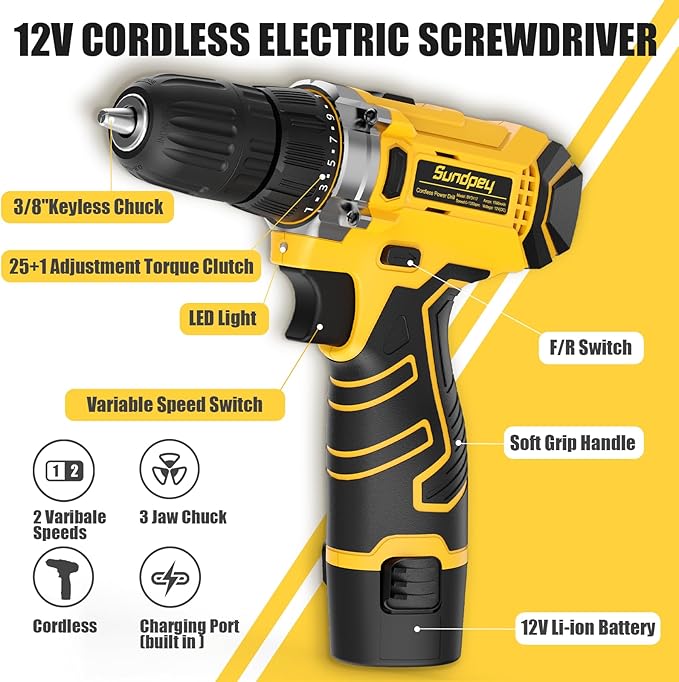 Sundpey Home Tool Kit with Drill - 166-Piece General Basic Home Repair Tool Set with 12V Cordless Power Drill & Battery & Charger & Portable Tool Box for Garden Office House Apartment Repair Men Women