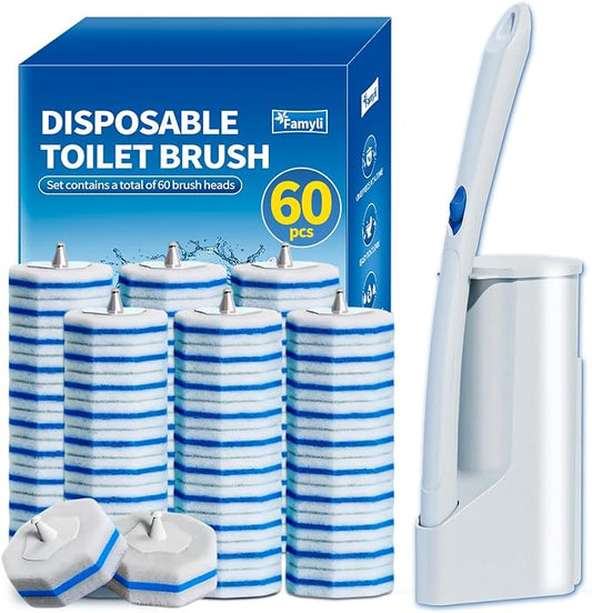 Disposable Toilet Brush Set with 60 Replacement Heads, Toilet Cleaning Replacement Pads, Starter Kit with Storage Case for Deep Cleaning and Hygienic Bathroom Maintenance