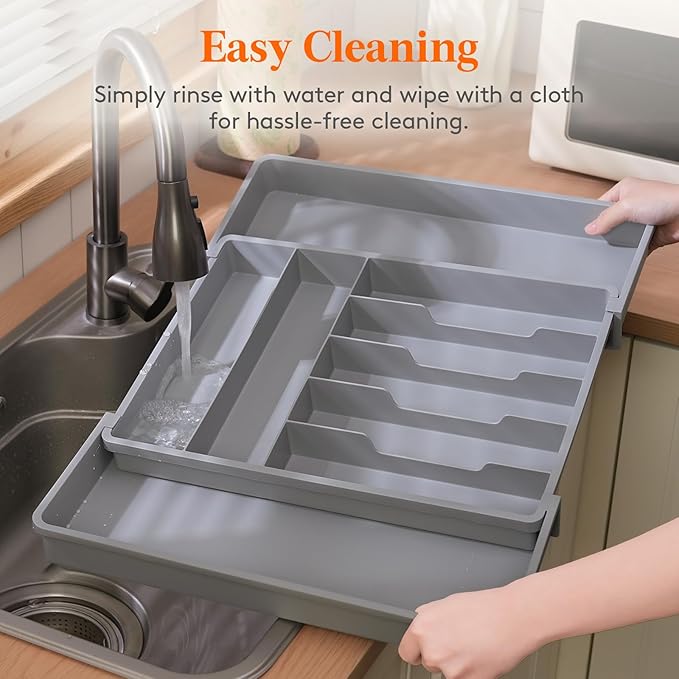 Lifewit Silverware Drawer Organizer, Expandable BPA Free Plastic Utensil Tray for Kitchen, Adjustable Flatware Cutlery Holder for Spoons Forks Knives, 13-22.3 x 16.7", Gray