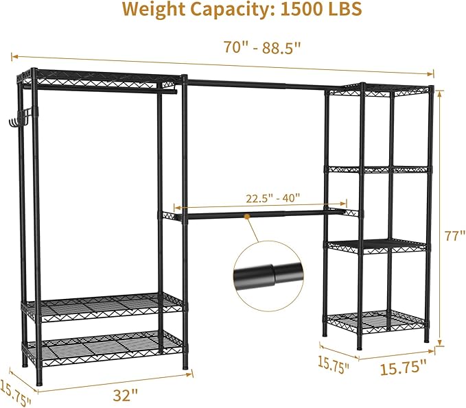 Golpart Heavy Duty Clothes Rack Metal Wardrobe with Adjustable Wire Shelves | Closet Organizers and Storage Clothing Rack Metal System Freestanding Hanging Clothes System Free Standing Garment Coat Racks