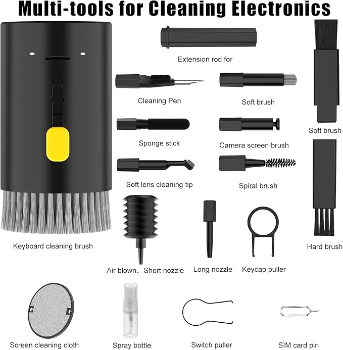 VICHYIE 20 in 1 Multifunctional Cleaner Kit for Electronic Devices (Black) | Keyboard Cleaning Brush, Headphones Cleaner Kit for AirPods, Multi-Tool for Cleaning Laptop, Earbuds, Camera, Cellphones