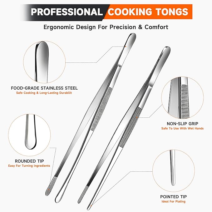 Kitchen Tweezers 2PC Cooking Tongs Set, Stainless Steel Food-Grade 12" Long Tweezers, Pointed & Rounded Tip Metal Tongs for Cooking, Kitchen Gadgets for Grilling, BBQ, Pasta, Food Serving