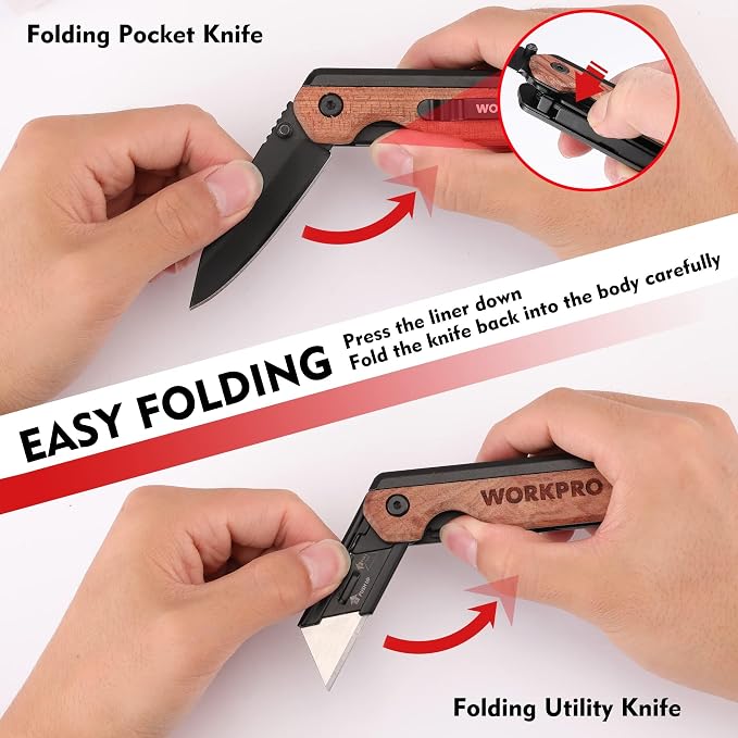 WORKPRO 2-in-1 Folding Knife/Utility Knife, Wood Handle | Quick-Change Box Cutter, Liner Lock, Belt Clip, 10 SK5 Blades, Carton Cutting, Camping, Hiking, DIY Projects