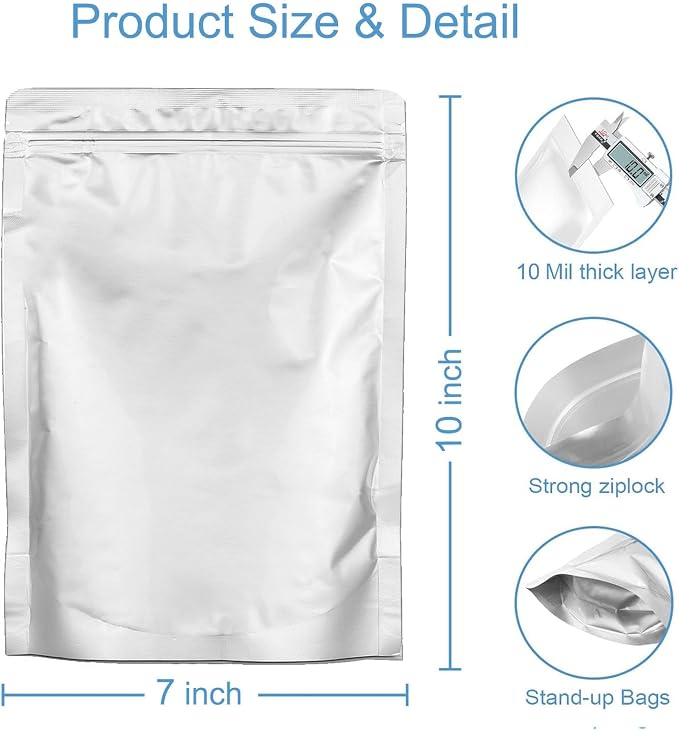 100pcs 1 QUART Mylar Bags for Food Storage - Thick 10 Mil - 7"x10" Stand-Up Zipper Pouches, Resealable and Heat Sealable Vacuum Sealing Mylar Bags for Long Term Food Storage