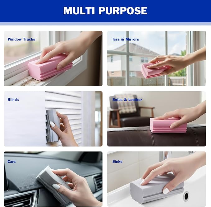 iKLYN 4 Pack PVA Cleaning Sponge, Super Absorbent Reusable Multi-Surface Damp Duster for Car Wash, Kitchen, Blinds, Vents, Mirrors - 4.5 x 2.4 x 1.8 Inches (Pink, Grey, Blue)