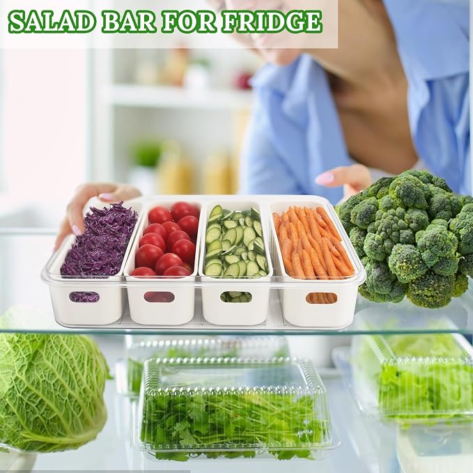 shopwithgreen Salad Bar Containers for Fridge with Lid and Handle, Fruit Storage Containers with 4 Removable Colanders, Berry Box Fresh Produce Saver for Fruit, Veggie, Refrigerator, Kitchen, Picnic