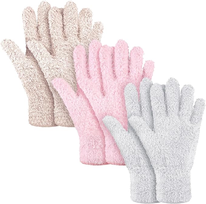 Patelai 3 Pairs Microfiber Plant Dusting Gloves Leaf Cleaning Gloves for Indoor Plants, Blinds, Furniture, House (Pink,Nude,White,Medium)