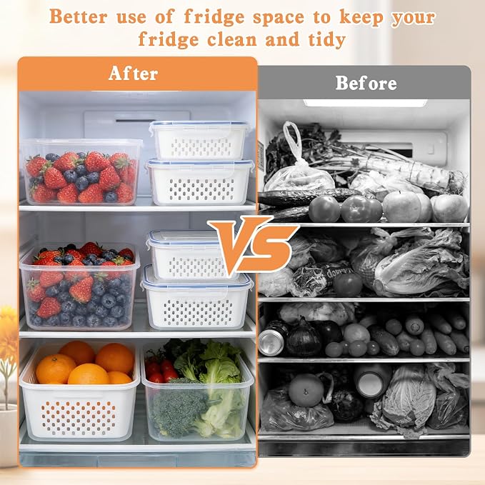 3PC 4 in 1 Food Storage Containers for Fridge with Lid,Produce Keeper with Removable Colander & Drain Basket,Airtight Leakproof Fruit Vegetable Storage Containers Transparent Kitchen Organize(S+M+L)