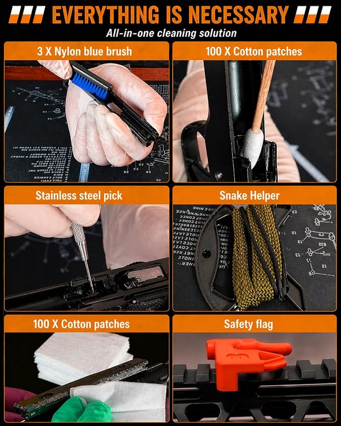 Handgun&Pistol Cleaning Kit for 9mm, .22, .380, .40, .45Cal with Ripcord | CLP, Chamber Tool & Brass Bore Brush with Range Bag for Pistol,Includes 100 Gun Cleaning Swabs& Patches