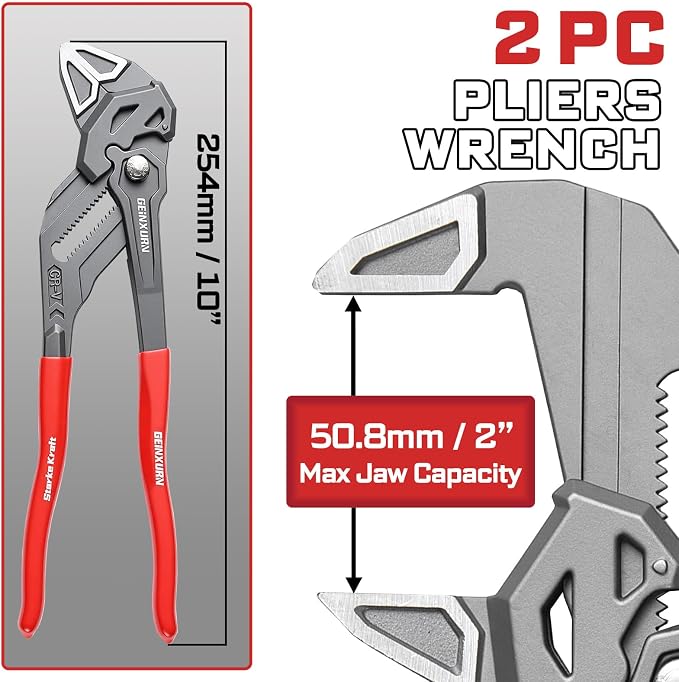10-Inch Pliers Wrench, 2PCS Smooth V-Jaw Pliers with 19-Position Push-Lock, Fast Adjustable Slip Joint Pliers Set for Plumbing, Home Repair, and Pipe Fittings