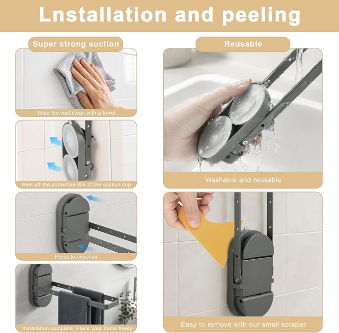 Folding Clothes Drying Rack with 12 Clips-Heavy Duty Dual Suction Cup Towel Bar for Bathroom Tile, Shower Glass | Space Saving Portable Laundry Hanger for RV, Apartment
