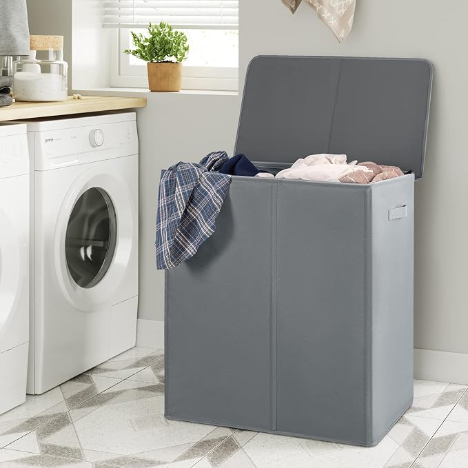 WOWLIVE 154L Double Laundry Hamper 2 Section with Lid and Removable Bags | Divided Laundry Basket, Large Dirty Clothes Hamper with Handle, Collapsible Laundry Storage for Dorm Room, College, Grey