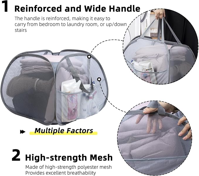 Collapsible Laundry Basket, 90L Mesh Pop-up Hamper with Handles | Foldable Storage Clothes Bag for Laundry, Bathroom, Dorm, Travel, Camping, Space-saving, Gray