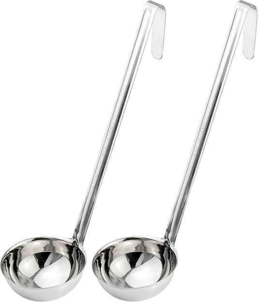 Fit Meal Prep [2 Pack] Stainless Steel Soup Ladle - One-Piece Sauce Spatula w/Hook Handles, Commercial Grade Serving Spoon, Kitchen Tool for Restaurant or Home Cooking, Mirror Finish, 14.25" Long