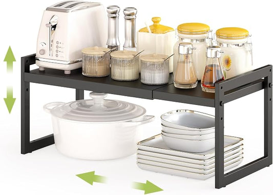 DOLALIKE Expandable kitchen Countertop Organizer, Stackable Cabinet Shelf Organizers, Space Saving Spice Rack Pantry Storage for Bathroom Office (Black, 1 Pack) | Space Saving Metal Pantry Storage Racks for Kitchen Spice Rack Pans and Untensils Bathroo...
