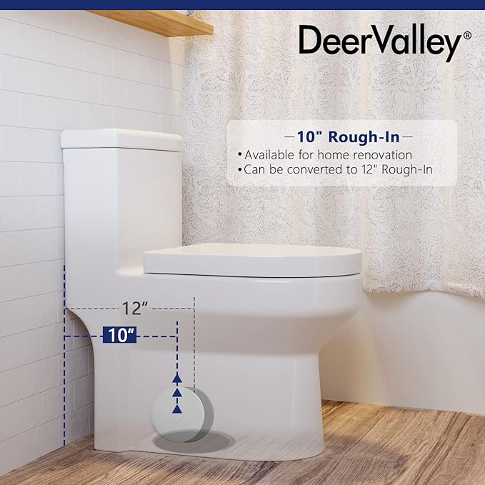 DeerValley Compact One Piece Toilet Standard Seat Height for Small Bathroom Dual Flush 1.1/1.6 GPF Powerful and Quiet 10'' Rough-In Skirted Toilet White