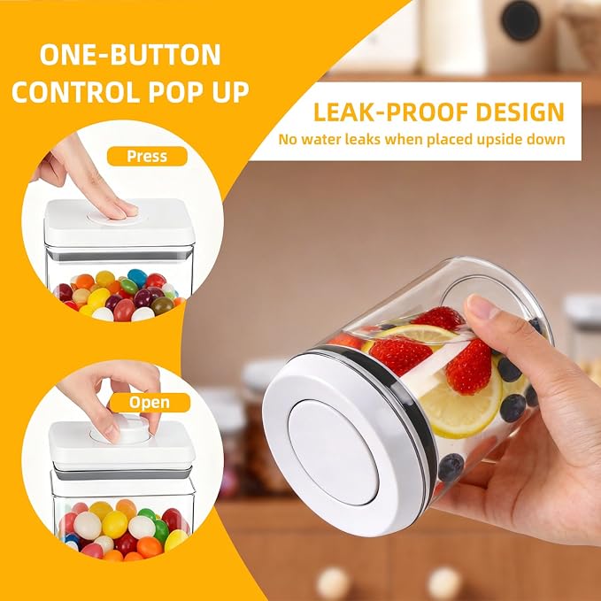 Pop Push Button Airtight Food Storage Containers with Lids | 3 Sizes: 0.65/0.7/1.8Qt for Cereal Flour Sugar Snacks Pet Food, BPA-Free Space-Saving Pantry Kitchen Canisters