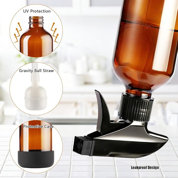 Caija-H 2 Pack Glass Spray Bottles for Cleaning，8oz 240ml Spray Bottle with Weighted Ball Straws 360° Any Angle Mist Sprayer for Kitchen Plants Pets Hair Water Mister (Amber)