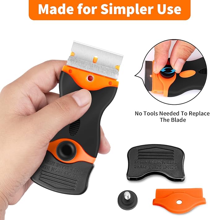 Razor Blade Scraper Tool - Razor Scraper with 40 Metal & Plastic Blades | Scrapper for Cleaning Paint, Decal, Adhesive, Label & Caulk, Glass Scraper for Window, Cooktop, Oven & Stove Top(Orange)
