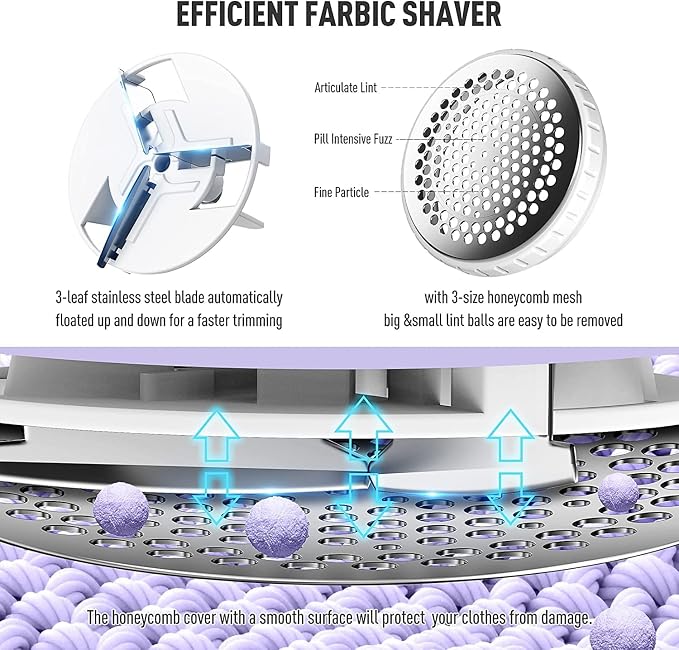 Ruidla Fabric Shaver Lint Shaver Defuzzer, Rechargeable Lint Remover | Electric Sweater Shaver with Replaceable Stainless Steel 3-Leaf Blades,Dual Protection,Removable Bin Easy Remove Fuzz(Purple)