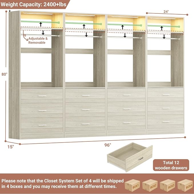 Besiost 8FT Closet System with 4 Motion Sensor LED Lights, 96" Closet Systems with 12 Drawers, Closet Organizer System with 4 Hanging Rods & 4 Shelves, Heavy Duty 96 Inch Walk-in Closet, White Oak