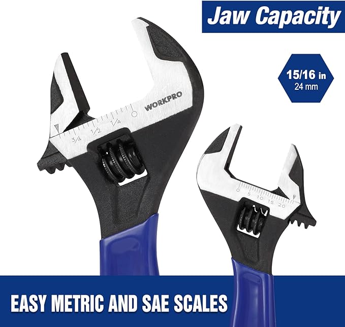 WORKPRO 6-Inch Compact Adjustable Wrench, Wide Jaw Cr-V steel Wrench | Black Oxide Finish, Metric & SAE Scales, Fits M6–M16 bolts for Home Repairs, Garage, DIY and Light Workshop Use.